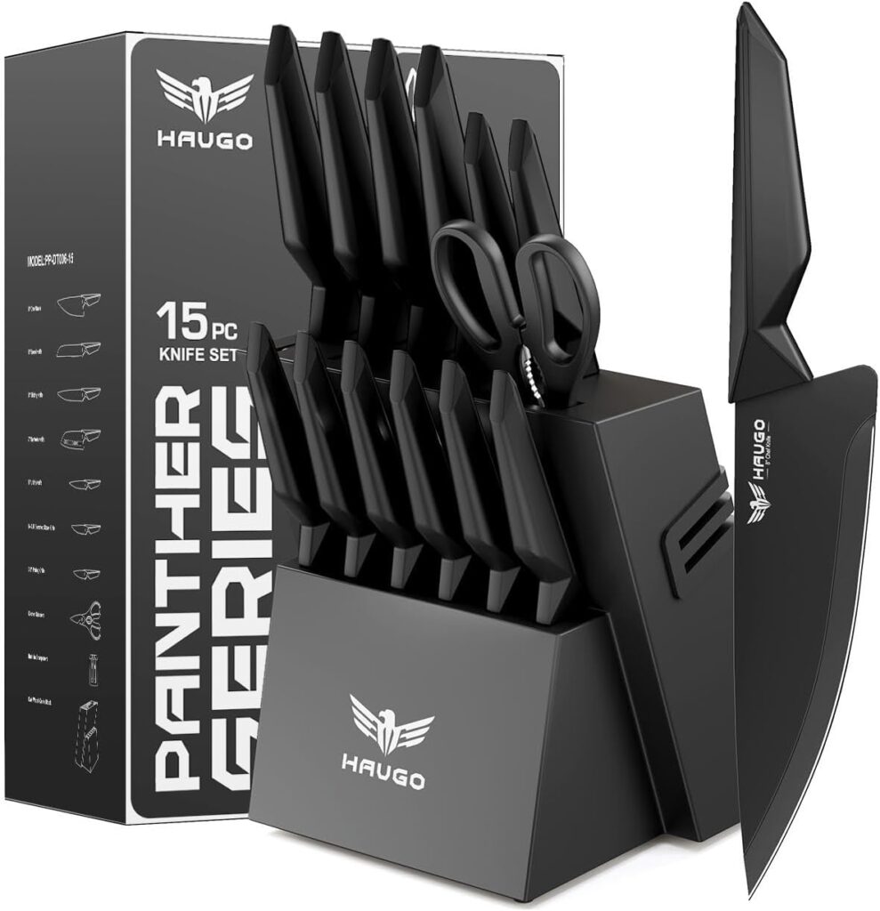 Knife Set – Haugo 15 PCS Kitchen Knife Set with Built in Sharpener – Dishwasher Safe Kitchen Knives – High Carbon Stainless Steel Knife Block Set with Ergonomic Handles – Panther Series