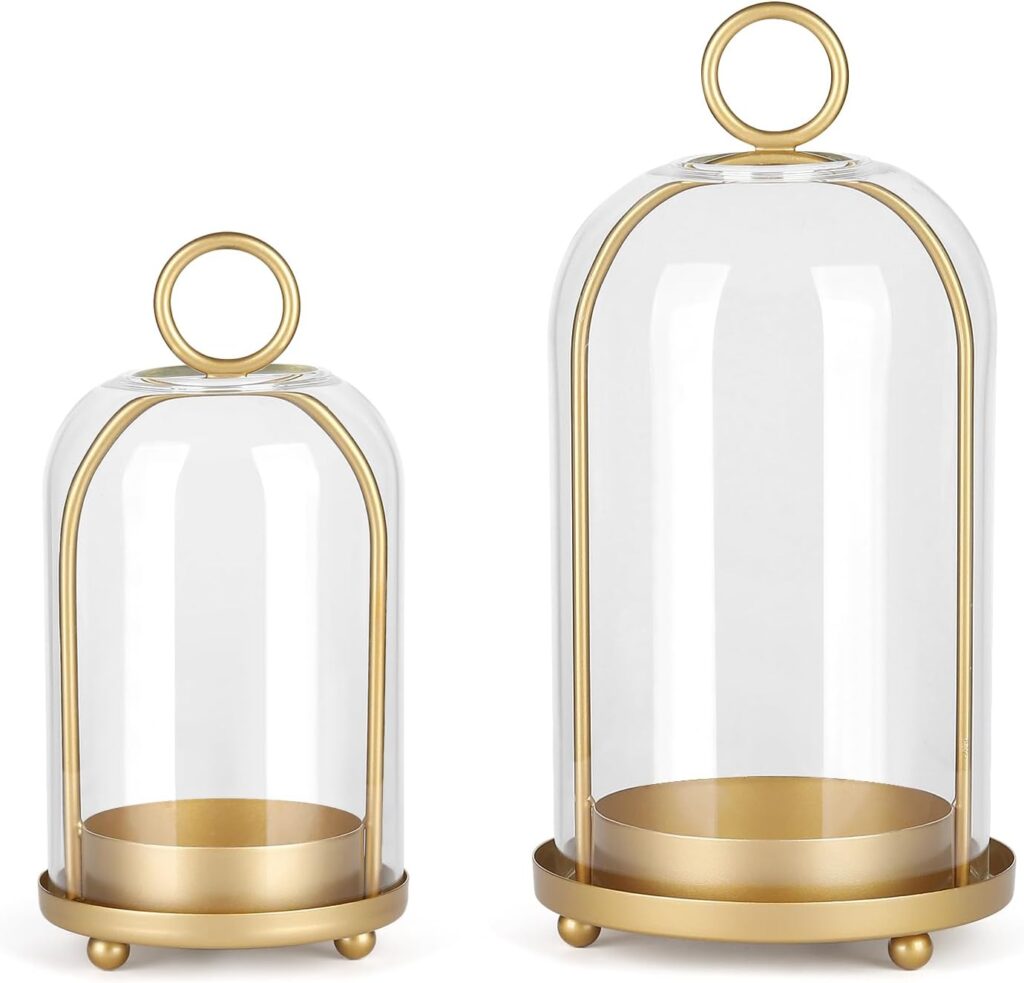 Versatile Metal Candle Holder Set with Handmade Glass Dome,Antique Brass Pillar Candle Stand, 5.2″ & 4.1″ Wide for Tabletop or Hanging, Industrial & Farmhouse Decor
