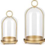 Versatile Metal Candle Holder Set with Handmade Glass Dome,Antique Brass Pillar Candle Stand, 5.2″ & 4.1″ Wide for Tabletop or Hanging, Industrial & Farmhouse Decor
