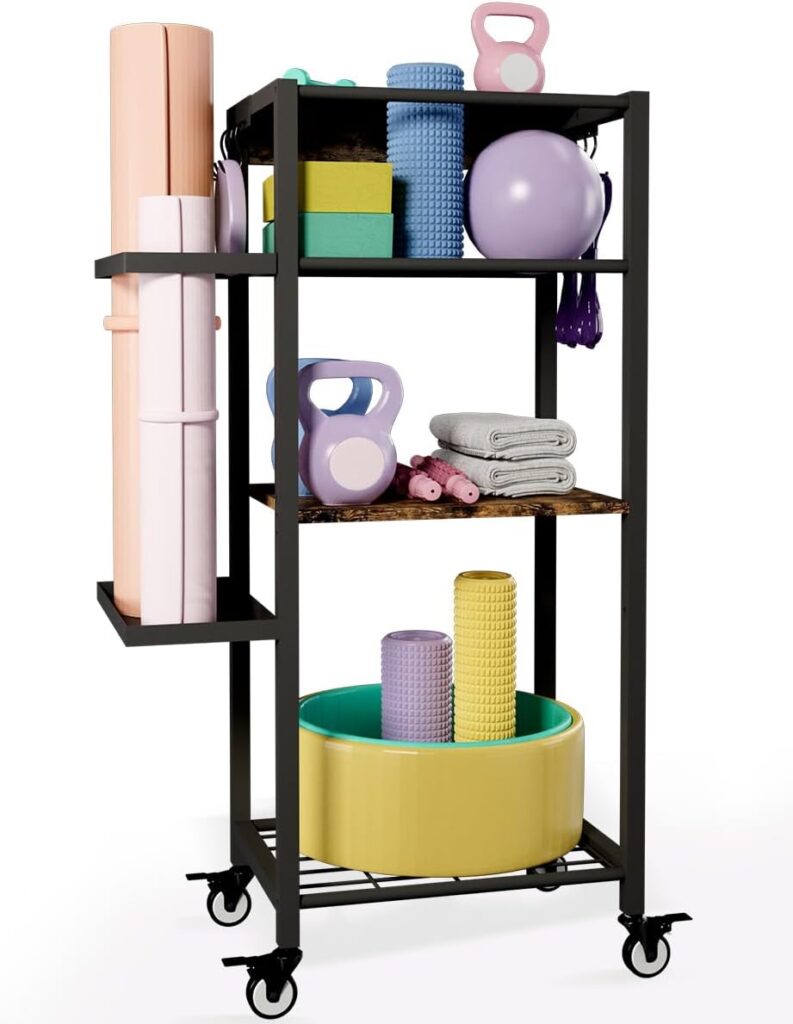Yoga Mat Storage Rack with Wheels, 3 Tier Home Gym Workout Equipment Organizer for Dumbbells, Kettlebells, Foam Rollers