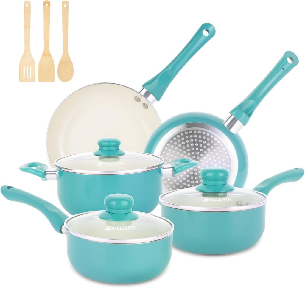Pots and Pans Set Nonstick, 11pcs Kitchen Cookware Sets Induction Cookware, Ceramic Non Stick Cooking Set, Stay Cool Handle & Bamboo Kitchen Utensils, 100% PFOA Free, Turquoise