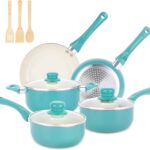 Pots and Pans Set Nonstick, 11pcs Kitchen Cookware Sets Induction Cookware, Ceramic Non Stick Cooking Set, Stay Cool Handle & Bamboo Kitchen Utensils, 100% PFOA Free, Turquoise