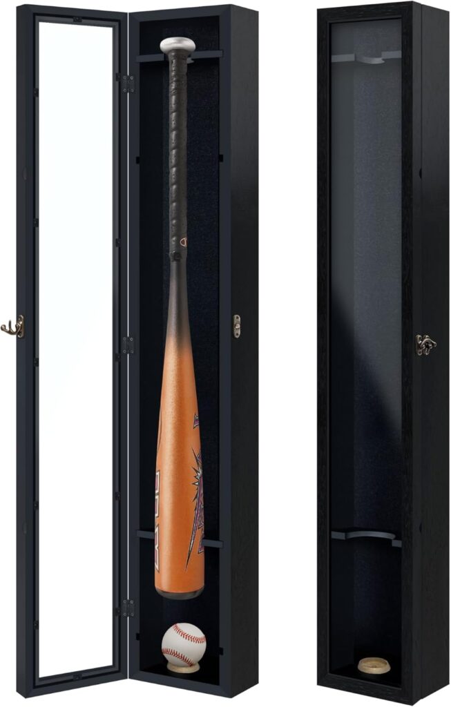 Baseball Bat Display Case Solid Wood Frame Ball Holder Stand Showcase Display Cabinet with UV Protected Acrylic Wall Mounted Shadow Box Vertical and Horizontal