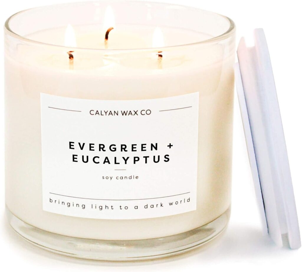 Calyan Wax Co. Evergreen & Eucalyptus 3 Wick Scented Candle – 43 Hour Burn – Luxury 3 Wick Soy Candles – Non Toxic Soy Wax Candles – Long Lasting Large Glass Jar Candle for Home – 14.9oz