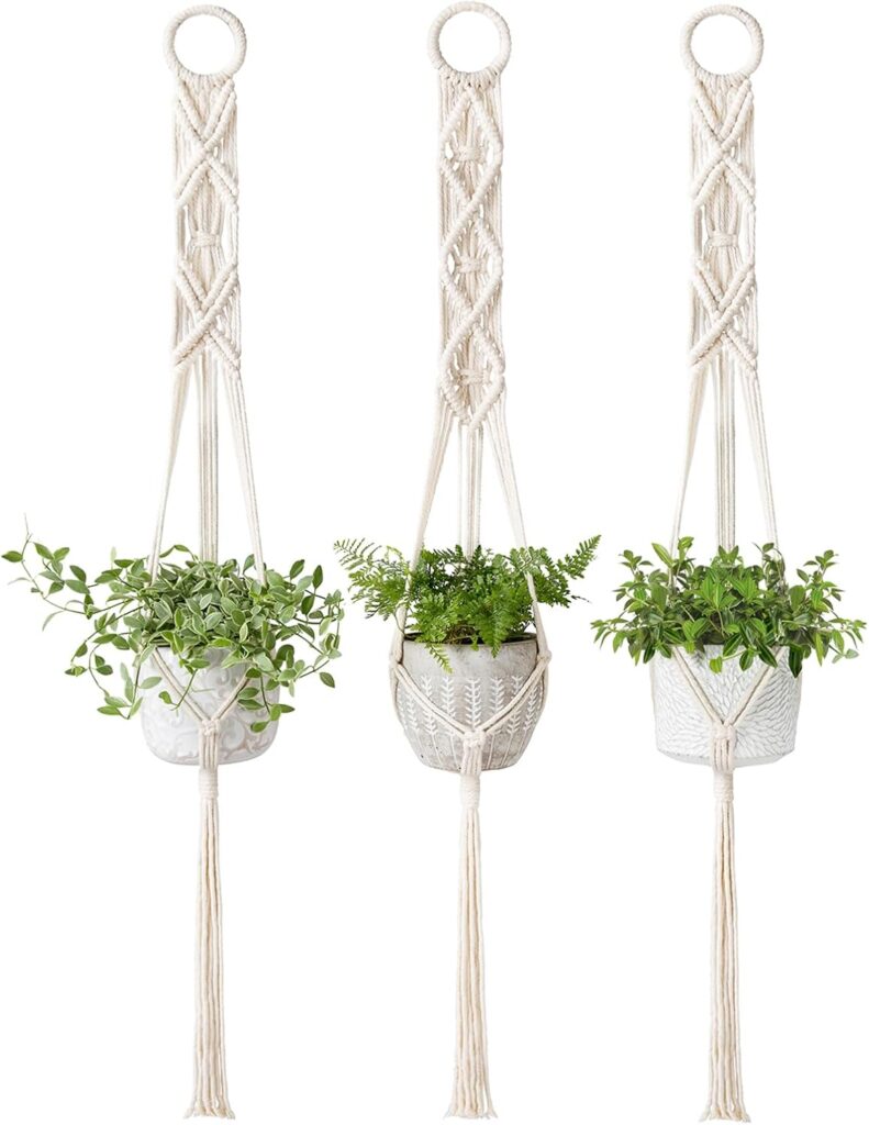 Mkono Macrame Plant Hangers Set of 3 Indoor Wall Hanging Planter Basket Flower Pot Holder Boho Home Decor 39 Inch, Ivory