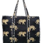 Floral Cotton Tiger Block Print Tote Bag, Indian Handmade Shopping Shoulder Beach Bag, Unisex Market Daily Use