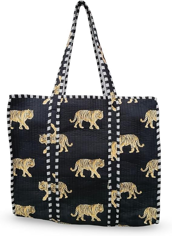 Floral Cotton Tiger Block Print Tote Bag, Indian Handmade Shopping Shoulder Beach Bag, Unisex Market Daily Use