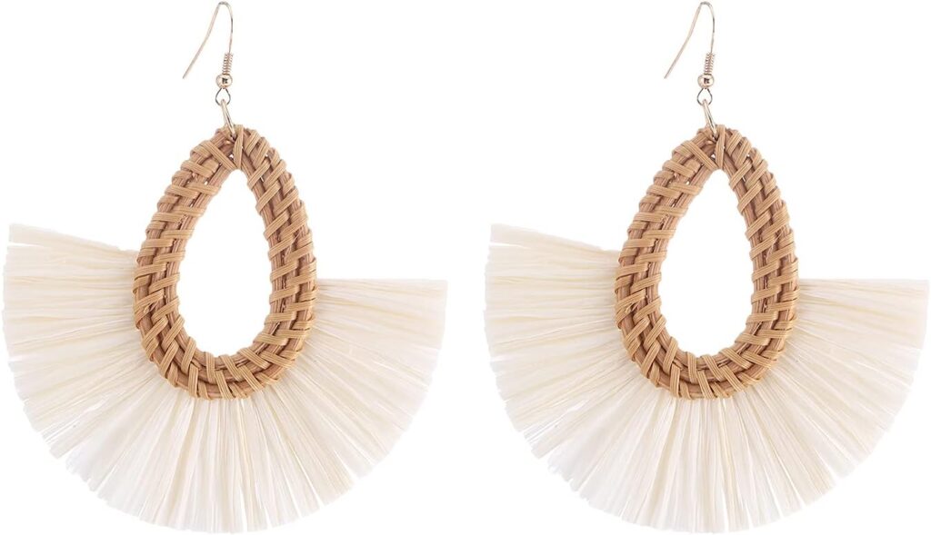 Ladies Handmade Rattan Earring – Tassel A Type Straw Wicker Earrings Bohemian Geometry Earring Circle Pie Shape Earrings