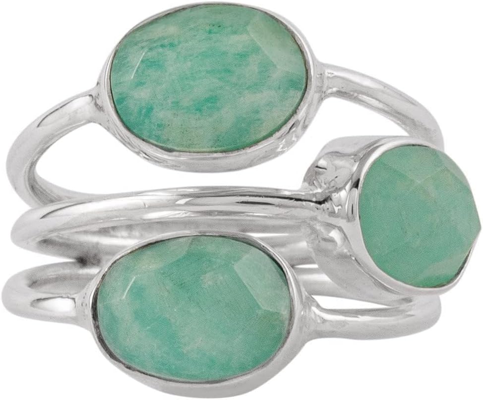 Amazonite Solid 925 Sterling Silver Handmade 3 Stone Ring