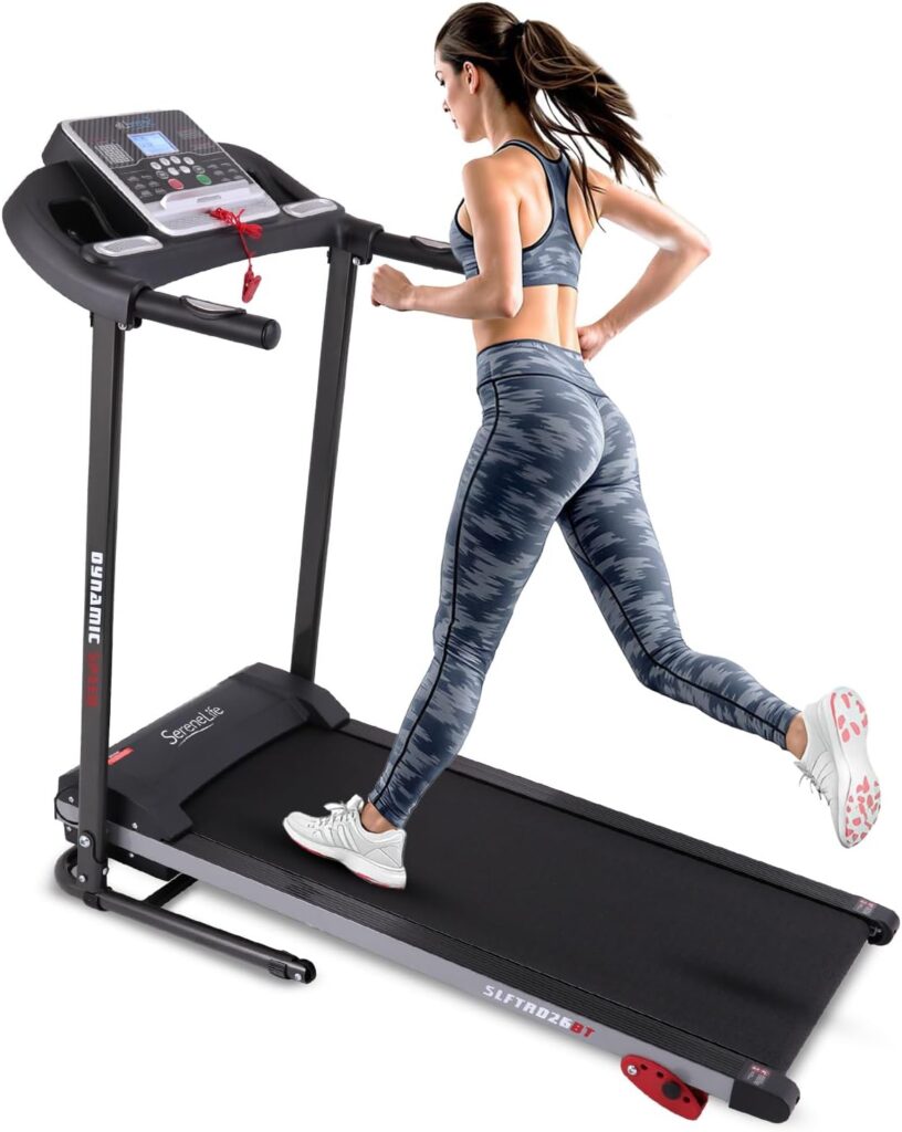 SereneLife Electric Folding Treadmill Exercise Machine – Smart Compact Digital Fitness Treadmill Workout Trainer w/Bluetooth App Sync, Manual Incline Adjustment, for Walking, Running, Gym