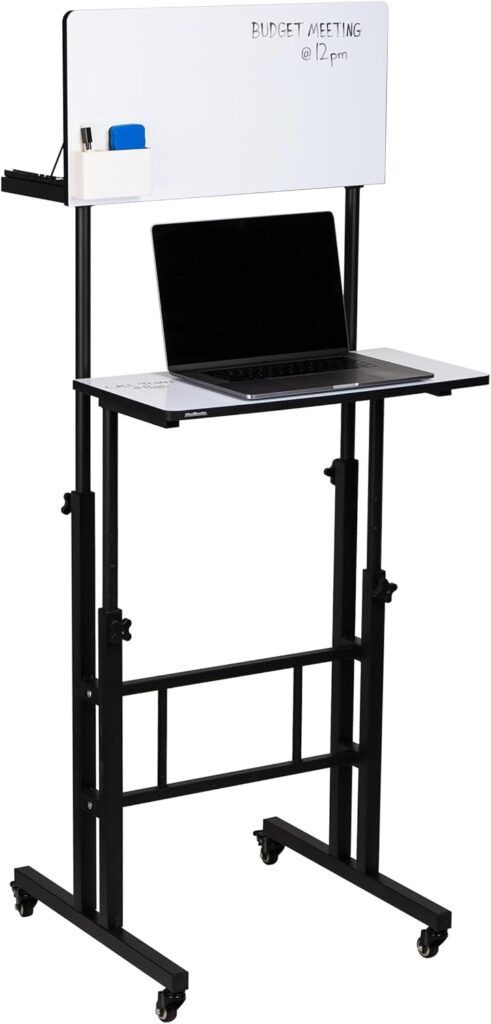 Mind Reader Standing Whiteboard Desk, Adjustable Height, Computer Desk, Laptop Desk, Portable, Rolling, 21″ L x 21.5″ W x 68.5″ H, White