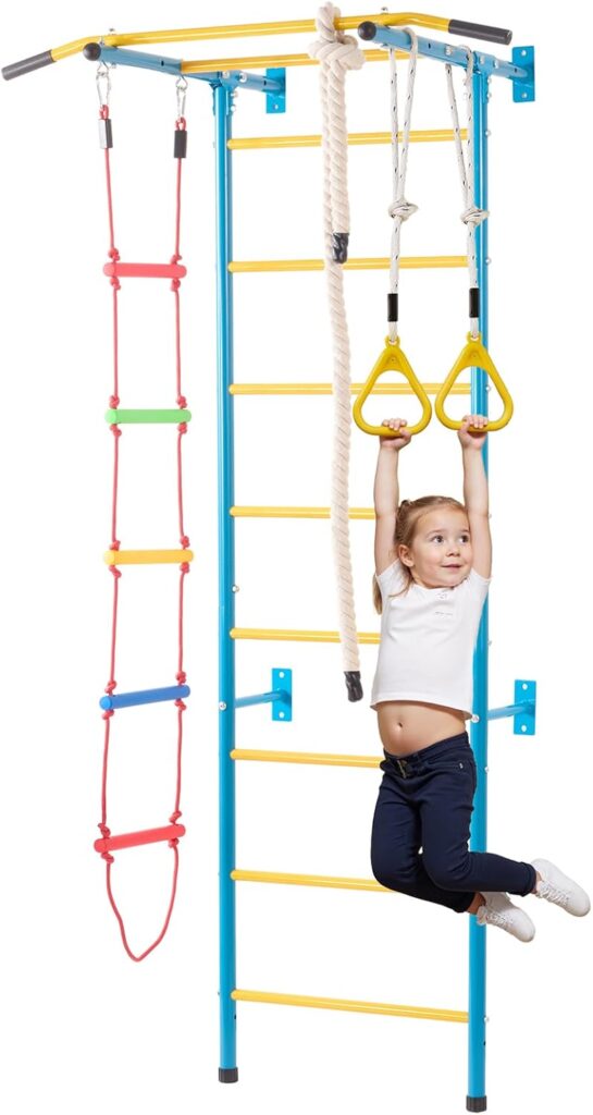 VEVOR Indoor Jungle Gym for Toddlers, 5-in-1 Climbing Playset with Carbon Steel Swedish Ladder, Wall Ladder, Pull-Up Bar, Rope Ladder, and Gymnastic Rings, Supports 220 lbs, Multicolor