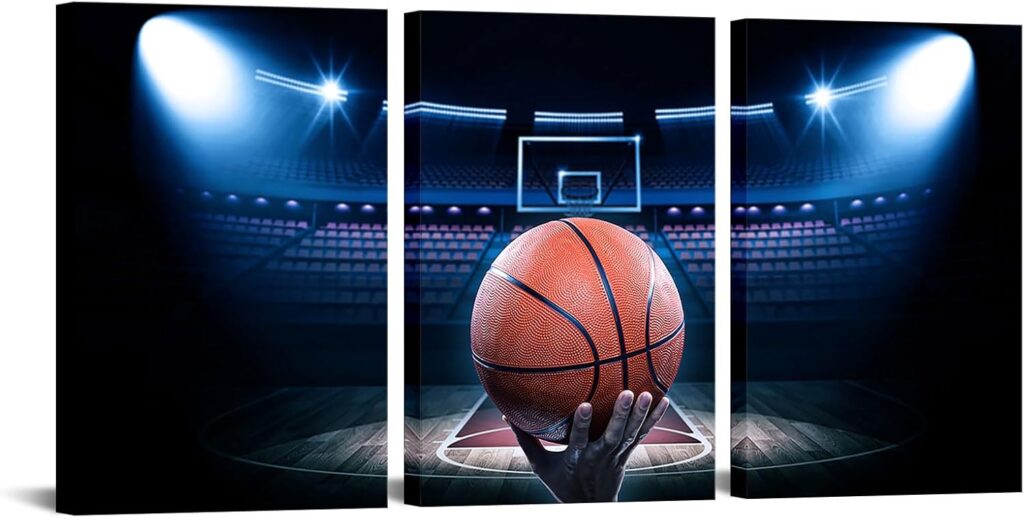 Kolo Wall Art 3 Pieces Canvas Wall Art A Big Hand Take a New Basketball at Basketball Field Sport Modern Home Decor Stretched and Framed for Boys Room Ready to Hang 16″x24″x3 Panels