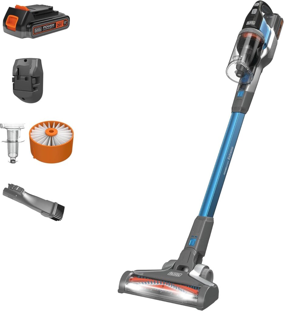 BLACK+DECKER Cordless Vacuum, Powerseries Extreme, Stick Vacuum Cordless Rechargeable, Interchangeable Floorhead with Crevice Attachment, 3 Speed Control, Lightweight, Blue (BSV2020G)