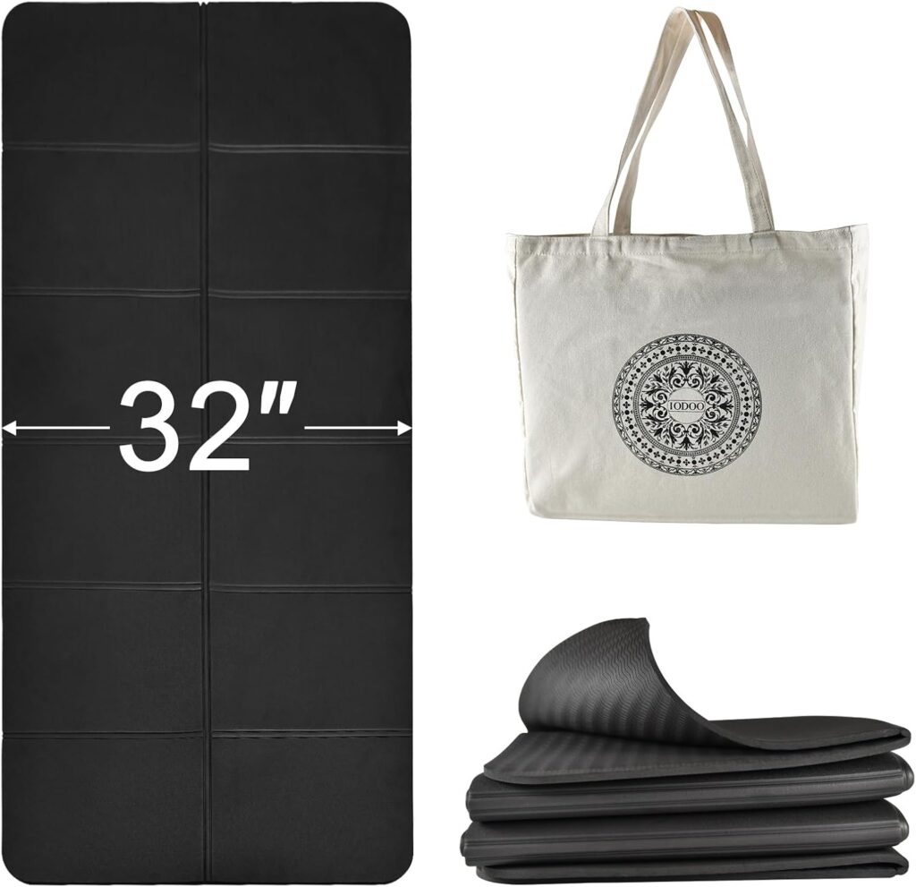 Foldable Yoga Mat 72″ L x 32″ W x 0.32 Inch Extra Thicked and Wided, Folding Yoga Mat for Travel with Canvas Carrying Bag, Non-Slip TPE Exercise Pilates Mat