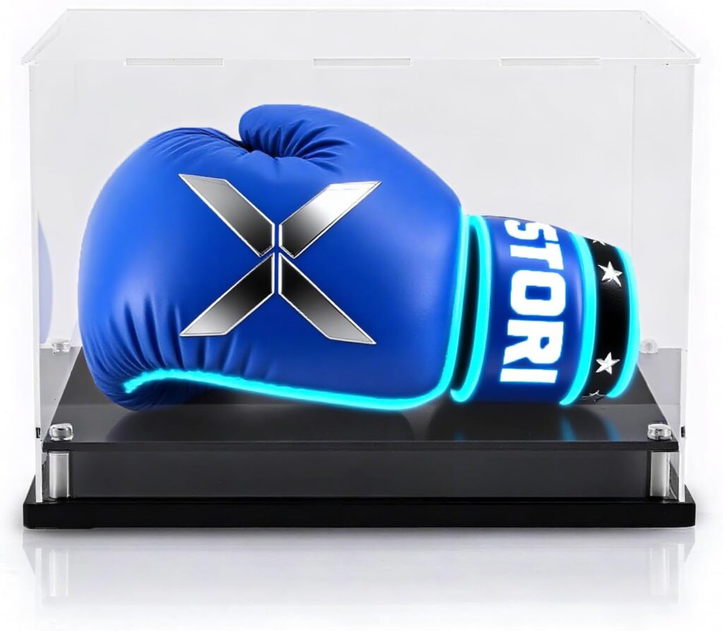 PIT66 Boxing Glove Baseball Glove Display Case Holder Showcase, Self-Assembly Acrylic Display Case for Full Size Boxing Glove, Baseball Mitt Ball Football, Clear Case Black Base Riser Stand