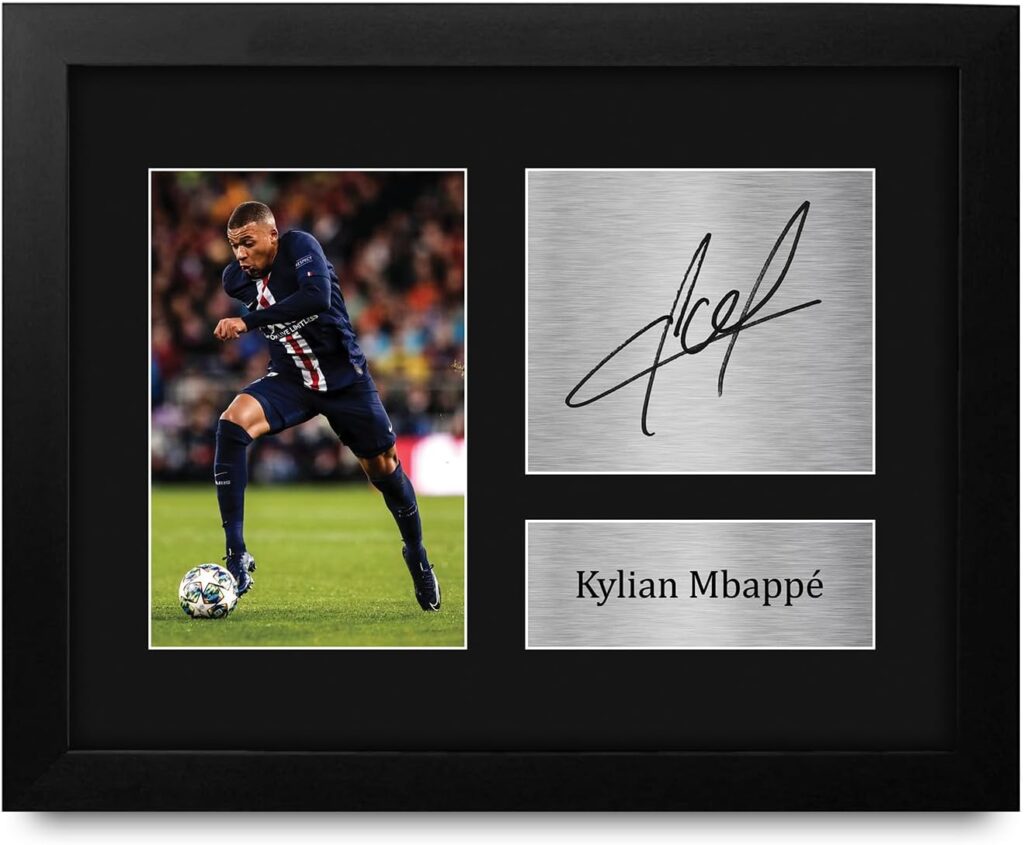 HWC Trading Kylian Mbappe Framed Gift Signed Printed Autograph Paris Saint-Germain PSG Print Photo Picture Display – US Letter Size