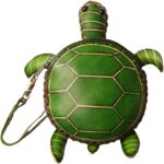 1PC Handcrafted Genuine Leather Retro Tortoise Purse Wallet – Zipper Closure, Wrist Strap, Cartoon Animal Design, Green & Brown Top-Grain Leather for Women