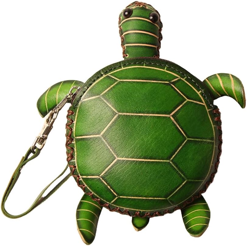 1PC Handcrafted Genuine Leather Retro Tortoise Purse Wallet – Zipper Closure, Wrist Strap, Cartoon Animal Design, Green & Brown Top-Grain Leather for Women