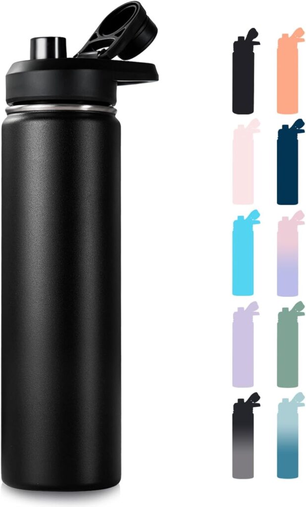 24 oz Insulated Water Bottle with Handle, 304 Stainless Steel Water Bottles with Wide Mouth, Double Wall Vacuum Sports Water Bottle, BPA Free, Keep Cold and Hot, Black