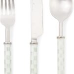 MACKENZIE-CHILDS Supper Club 3-Piece Place Setting, Fork, Spoon, and Knife Dinner Flatware Set, Gray-and-White Sterling Check