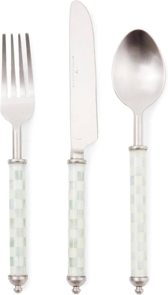 MACKENZIE-CHILDS Supper Club 3-Piece Place Setting, Fork, Spoon, and Knife Dinner Flatware Set, Gray-and-White Sterling Check