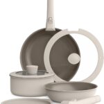 bella 8 Piece Cookware Set, Fits-anywhere™ Kitchenware w EverGood™ Ceramic Nonstick Coating​, Removable Handles, Dishwasher & Oven Safe, All Stovetops Compatible, Glass Lids w Silicone Rims, Oatmilk