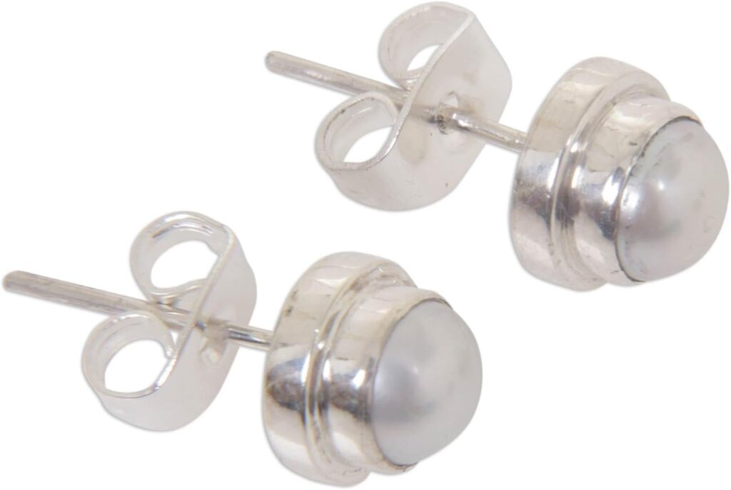NOVICA Artisan Handmade Cultured Freshwater Pearl Stud Earrings .925 Sterling Silver White Indonesia Bridal Birthstone Gemstone ‘Brilliant Moon’
