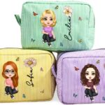 CALLIE Personalized Makeup Bag, Custom Cartoon Character with Birth Flower Name on Multicolor Stripes Polyester Makeup Pouch Bag, 9 Color Options, Birthday Mothers Christmas Gifts for Women