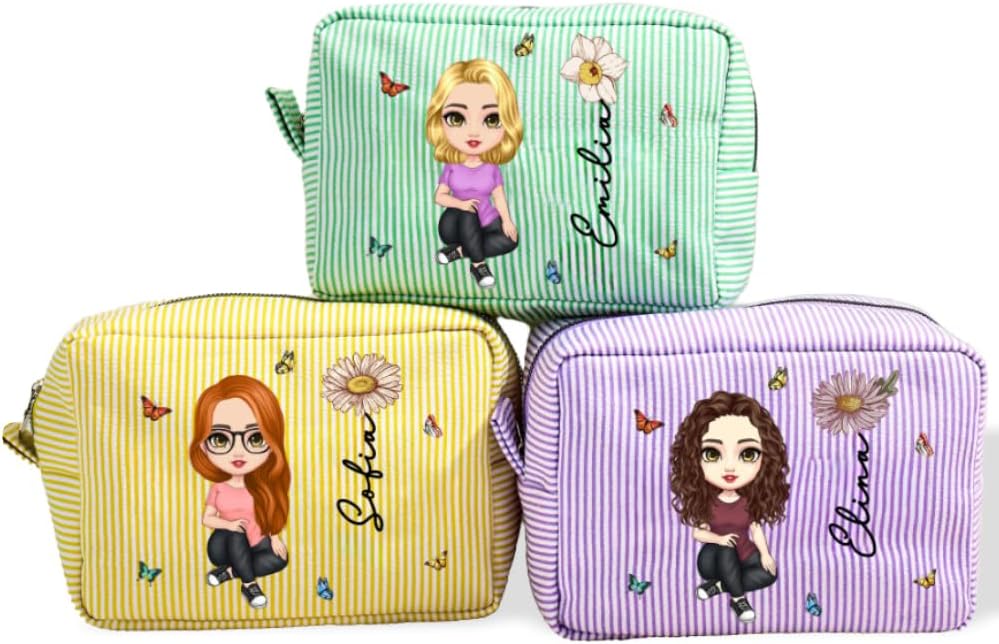 CALLIE Personalized Makeup Bag, Custom Cartoon Character with Birth Flower Name on Multicolor Stripes Polyester Makeup Pouch Bag, 9 Color Options, Birthday Mothers Christmas Gifts for Women