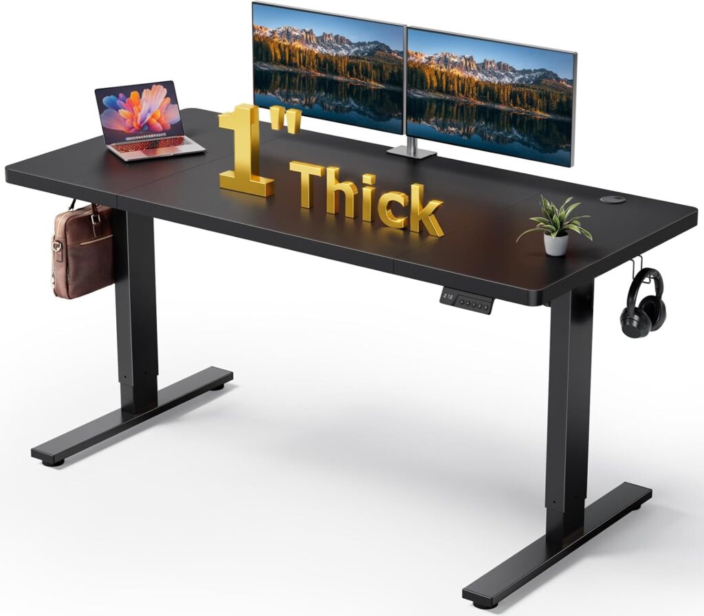 Electric Standing Desk Adjustable – 60×28 Inch Sit Stand Desk with 1 Inch Thick Tabletop, Double Beam Frame, 3 Memory Height Adjustment, Cable Management for Home Office