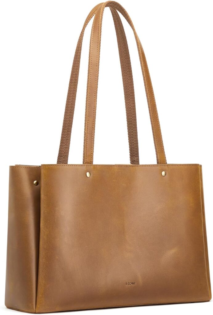 S-ZONE Genuine Leather Tote Bag for Women Work Large Shoulder Handbag with Zipper Compartment for Travel Professional