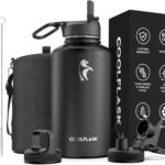 64 oz Water Bottle Insulated with Straw & 3 Lids, Coolflask Large Metal Stainless Steel Water Jug Big Half Gallon Wide Mouth for Sports, Gym or Office, Non-BPA Keep Cold 48H Hot 24H, Magic Black