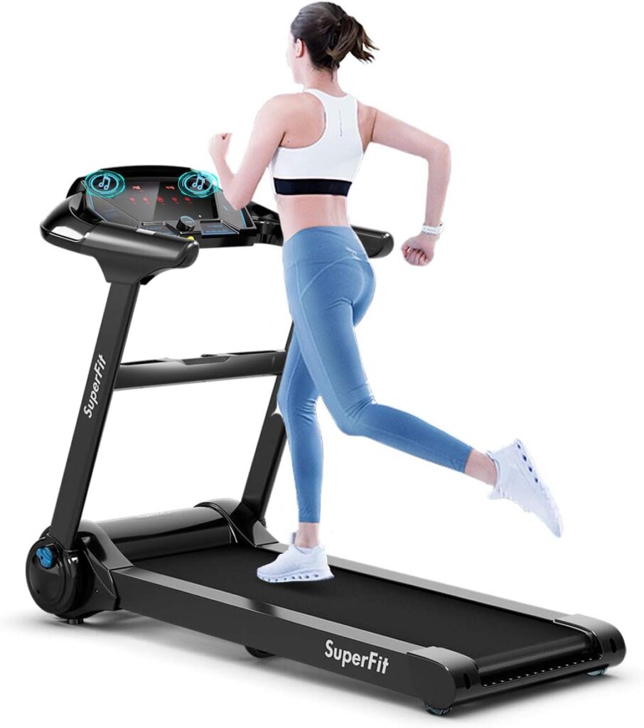 Goplus Folding Treadmill, Superfit Electric Portable Treadmill with Blue Tooth Speaker, APP Control and 16.5” Wide Tread Belt, Running Jogging Machine for Home and Office Use