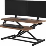 VIVO Height Adjustable 32 inch Stand Up Desk Converter, Quick Sit to Stand Tabletop Dual Monitor Riser Workstation, Dark Walnut Desktop, Black Frame, DESK-V000SD
