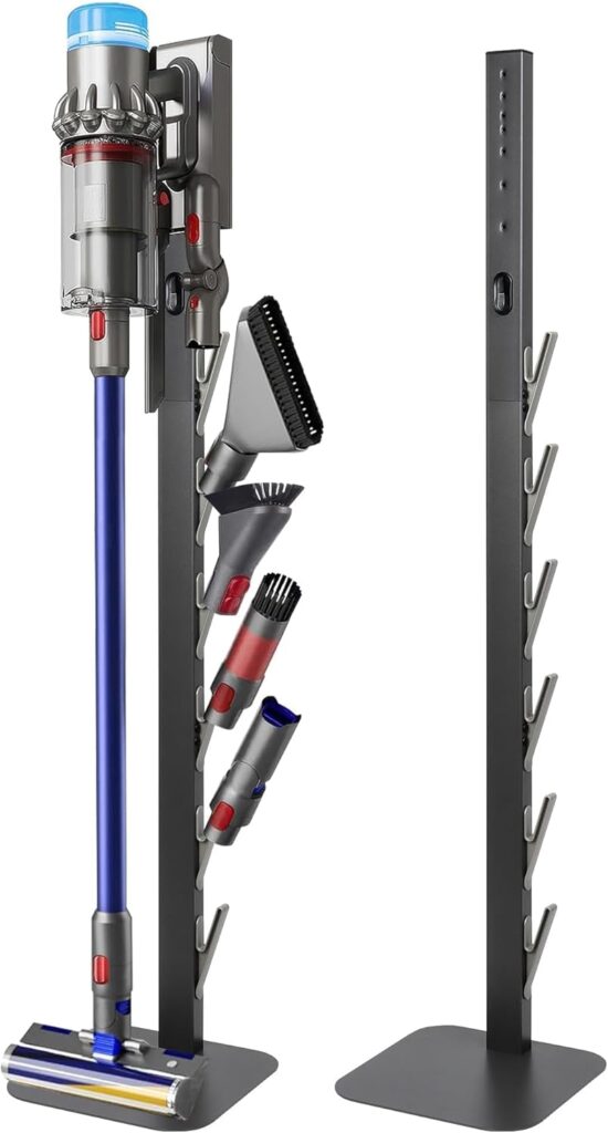 Vacuum Stand Holder for Dyson Gen5 V8 V15 V12 V11 V10 V7 V6, Metal Floor Docking Station with Built-in Cord Management, Storage Bracket Organizer with 6 Hooks for Cordless Vacuum Cleaner & Accessories
