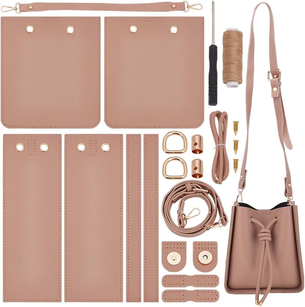 WADORN DIY Imitation Leather Bucket Bag Sewing Kit, Women Tote Bag Making Set Imitation Leather Crossbody Shoulder Bag Making Material Accessories for DIY Handmade Bag Craft, 8.6×7.8×3.9 Inch, Camel