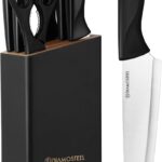 Black Knife Set with Wooden Block, 7 Pieces Sharp Knife Block Set with Stainless Steel Blade Ergonomic Handle, Dishwasher Safe Knives Set