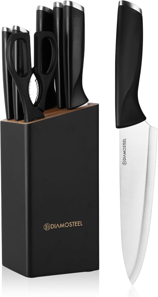 Black Knife Set with Wooden Block, 7 Pieces Sharp Knife Block Set with Stainless Steel Blade Ergonomic Handle, Dishwasher Safe Knives Set