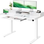 Marsail Glass Electric Standing Desk with Drawers, 48 x 24 Inch Stand Up Desk with Monitor Stand, Height Adjustable Desk with Drawers for Home & Office, 4 Preset Heights, White