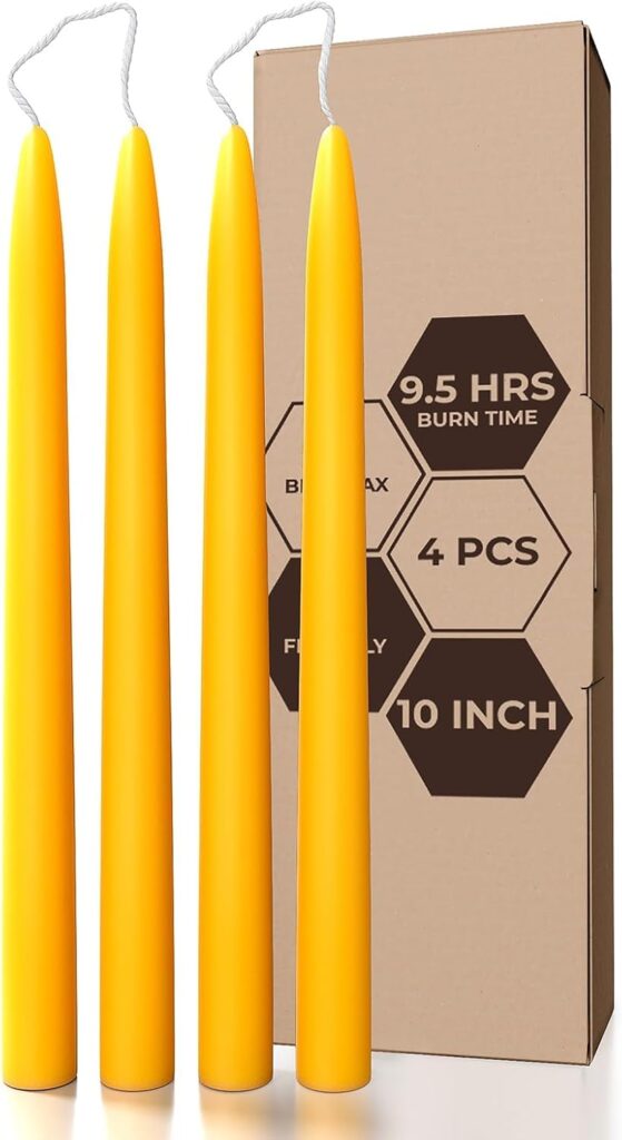 CANDWAX 10 inch Beeswax Taper Candles Set of 4 – Non Toxic and 100% Pure Beeswax Candles Ideal for Dinner – Dripless Handmade Bees Wax Burning Time 9.5 Hours