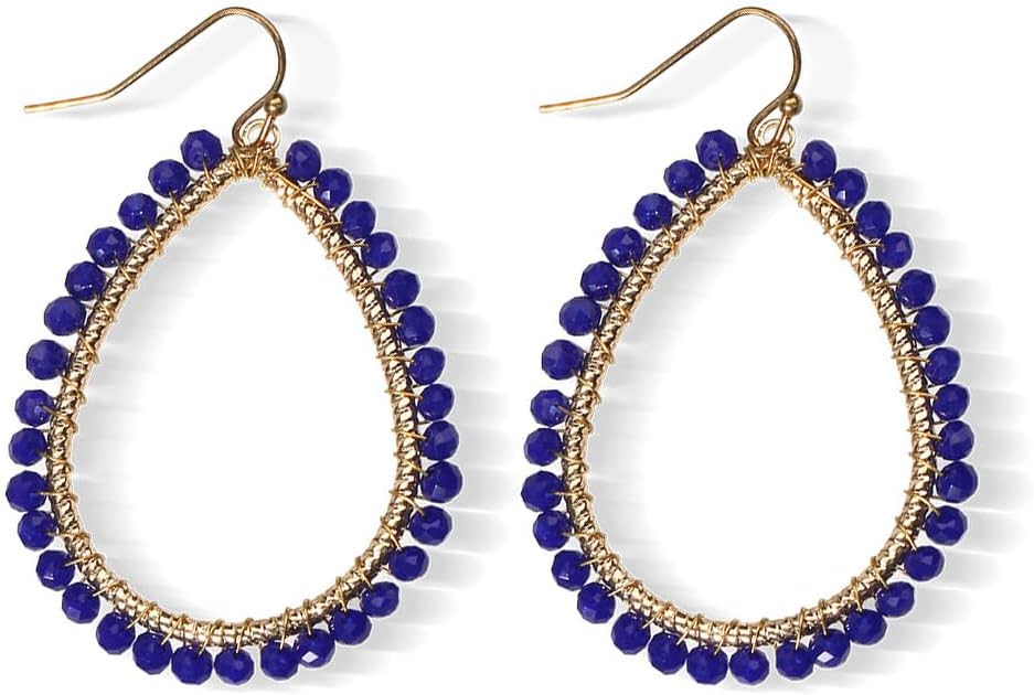 Bohemian Boho Beaded Teardrop Dangle Drop Earrings Hollow Sparkly Crystal Gold Wire Wrapped Crystal Earrings for Women Statement Jewelry