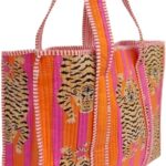 100% Cotton Quilted Tote Bag, Tiger Print Handmade Shoppping Bag & Grocery Bags Stylish Traver Bag