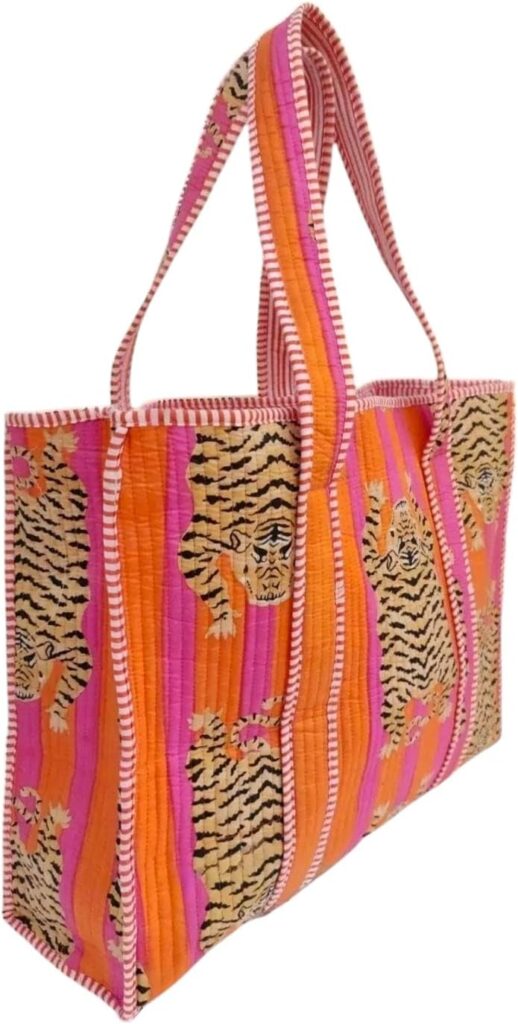 100% Cotton Quilted Tote Bag, Tiger Print Handmade Shoppping Bag & Grocery Bags Stylish Traver Bag
