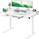 Marsail Glass Electric Standing Desk with Drawers, 48 x 24 Inch Height Adjustable Desk with Monitor Stand, Stand Up Table with Drawers for Home & Office, 4 Preset Heights, White