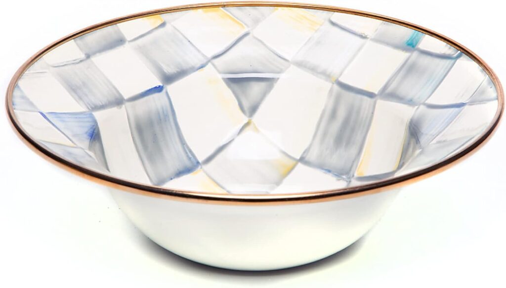 MACKENZIE-CHILDS Enamel Breakfast Bowl, Unique Soup Bowl or Cereal Bowl, Dinnerware, Gray-and-White Sterling Check, Set of 1