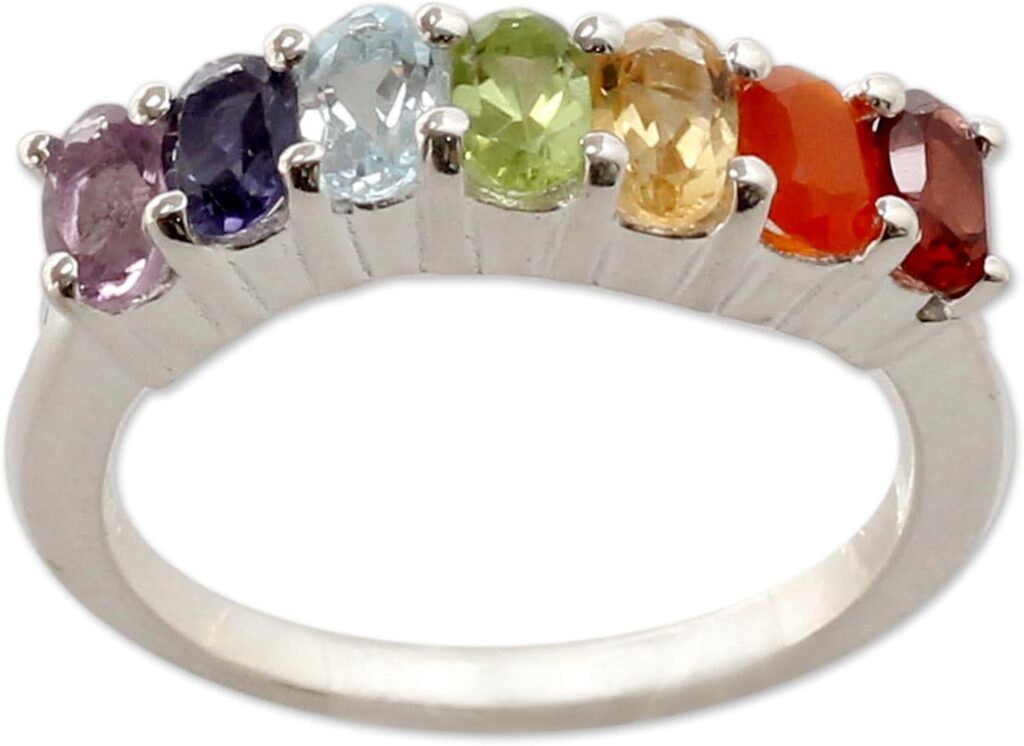 NOVICA Artisan Handmade Multigemstone Chakra Ring .925 Sterling Silver Jewelry Garnet Carnelian Citrine Peridot Iolite Band Cocktail India Birthstone ‘Positivity’