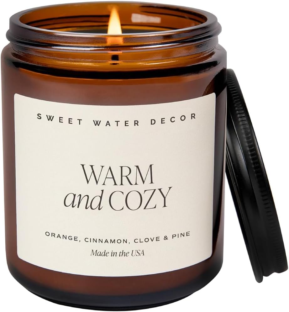 Sweet Water Decor Warm and Cozy Soy Candle – Orange Peel, Cinnamon, Ginger and Clove Scented Candles for Home – 9oz Amber Jar + Black Lid, 40+ Hour Burn Time, Made in The USA