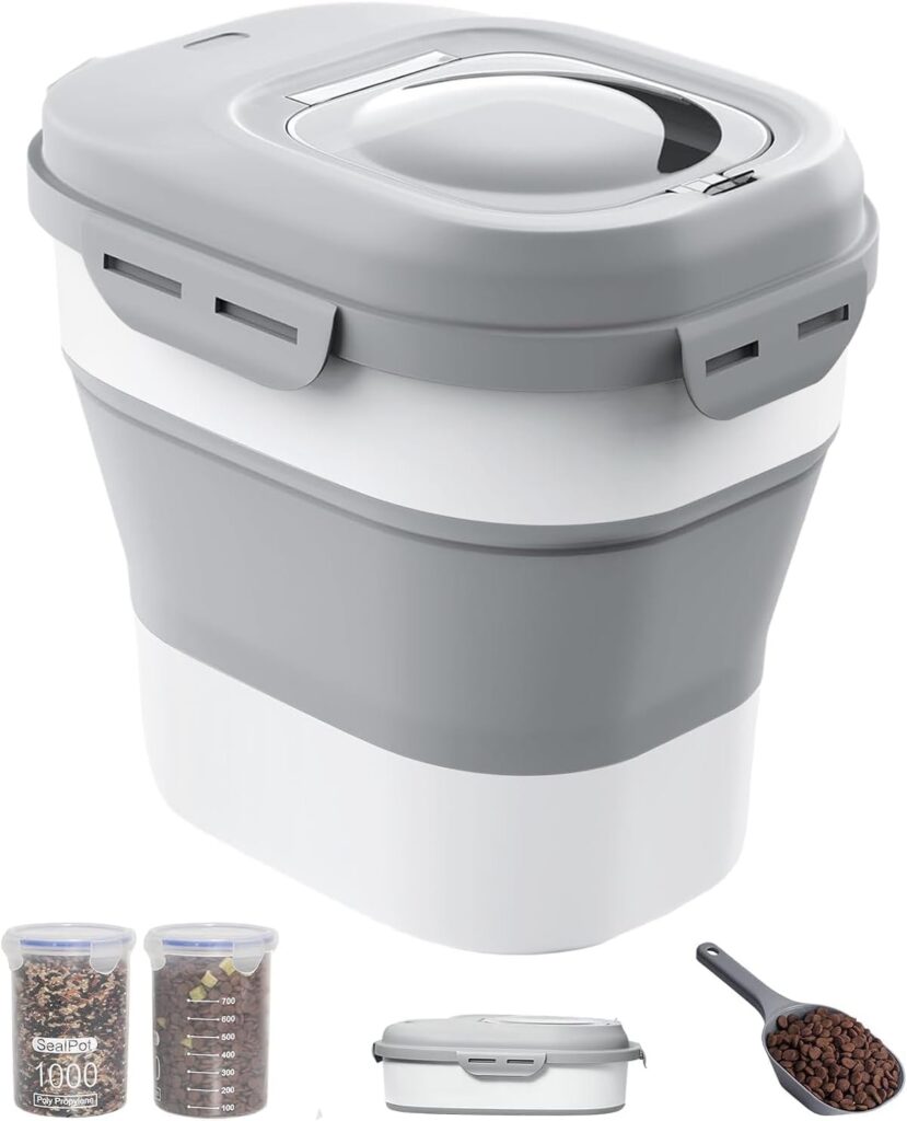 30-35 Lbs Dog Food Storage Container Collapsible Dog Food Container with Airtight Lids, Wheels, Scoop and 2pcs Food Storage Containers, Large Pet food storage for Dog, Cat
