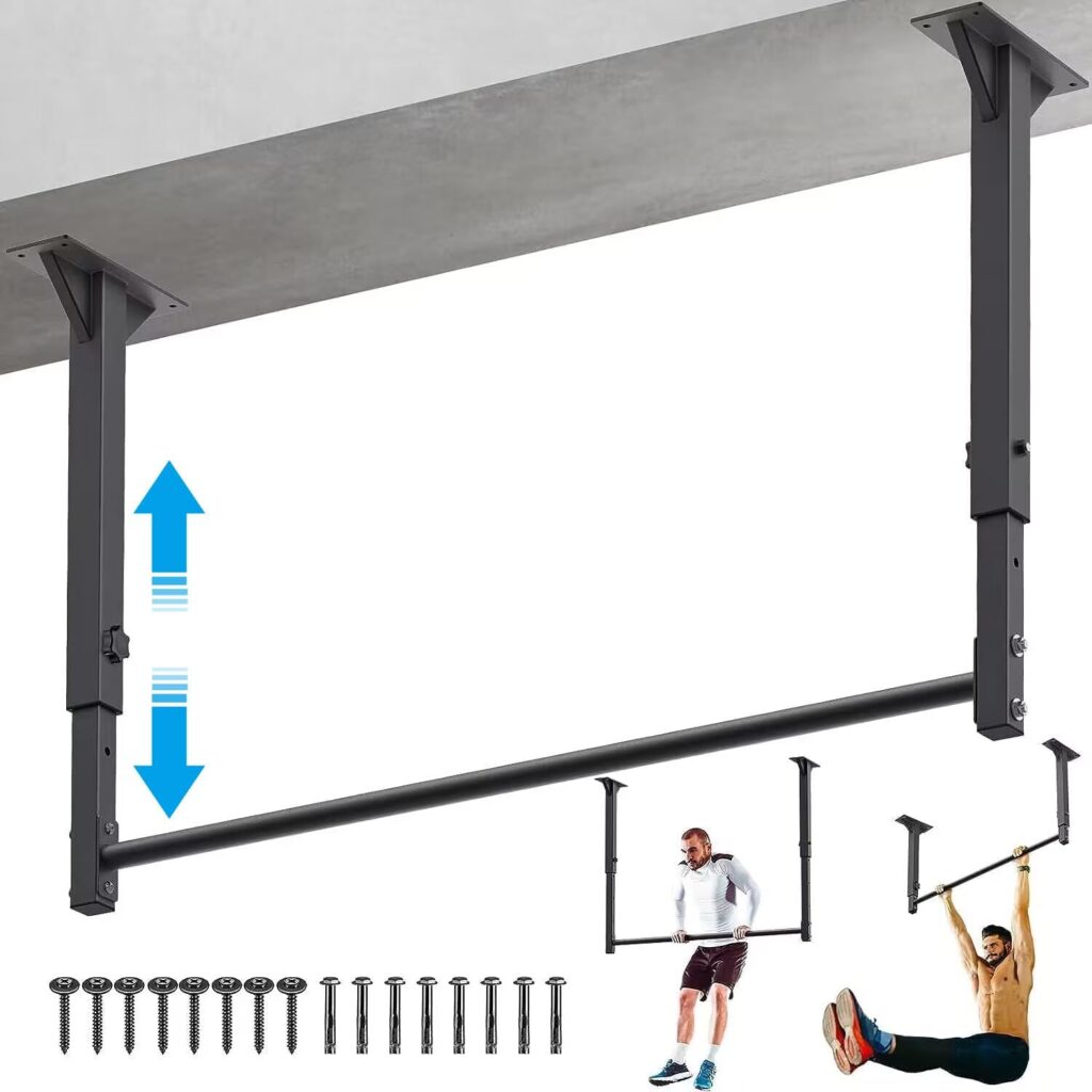 Kipika 48″ Ceiling Mounted Pull Up Bar, Heavy Duty Multi-Grip Chin Up Bar,Mounted Pull Up Bar, Adjustable Height, Pull Up Bands for Chin Ups & Body Stretching, Ideal for Home Gym and Strength Training
